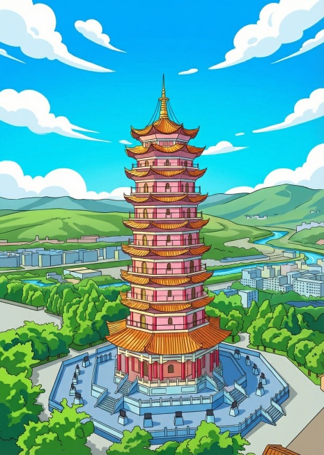 将图片转换为色彩明亮的卡通风格，保留塔楼和场景的结构预览效果