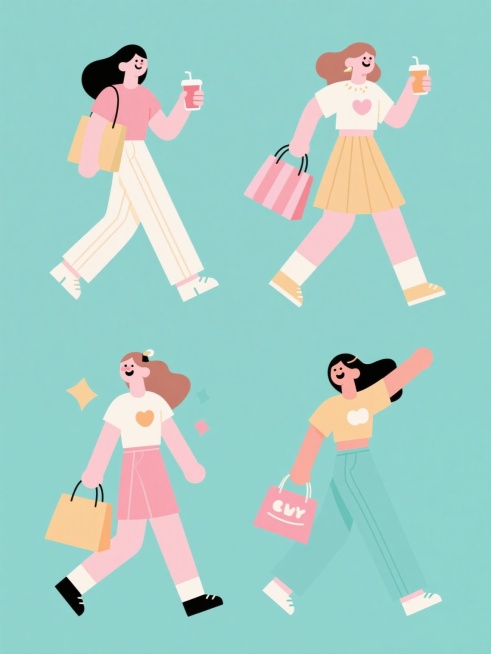 一套4个不同造型的购物狂女孩插画集合，保持简约扁平风格，线条流畅，色块分明，无渐变阴影，纯色背景，每个女孩手持不同款式的购物袋和饮品，穿着各异的休闲服饰，表情欢快，姿态动感，规整排列在同一画面中，整体色彩变换为清新明亮的马卡龙色系。预览效果