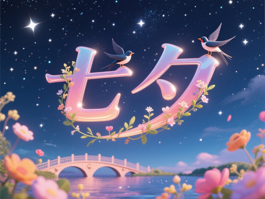横向文字"七夕"，线条流畅，适合女性话题的艺术字体线条，花草浪漫元素。有远景和近景，创意字体设计点缀有喜鹊鹊桥、星空里面有很多星星，童趣活泼。夜空星空，浪漫七夕氛围。预览效果