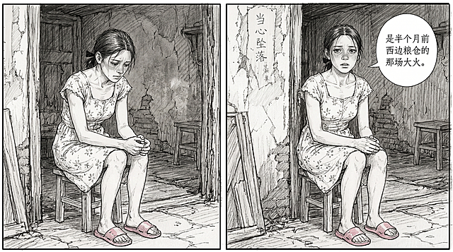 基于第一张图的李东莲，绘制她缓缓抬头组织语言后开口说话的分镜，台词气泡写："是半个月前西边粮仓的那场大火。"，整体风格完全匹配第二张图的精细铅笔素描漫画分镜风格，保留人物碎花连衣裙和粉色拖鞋，神态沉重紧绷，场景为破旧农村房屋