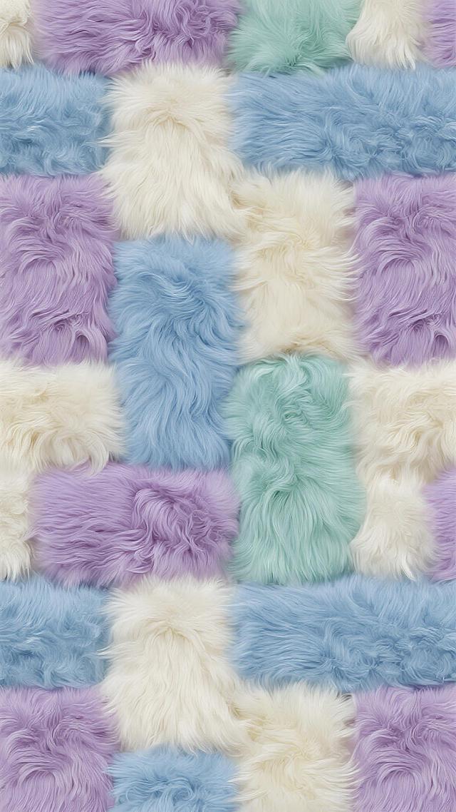 毛绒质感的无缝拼接图案，由柔软蓬松的毛绒材质构成，保持原图中毛绒的细腻纹理、卷曲的毛发形态和饱满的体积感，整体呈现出柔和的光影过渡和温暖的氛围。颜色调整为淡紫色、浅蓝色、薄荷绿和奶油白的交错排列，各颜色区块大小不一、自然穿插，形成和谐的色彩渐变与对比，色彩饱和度适中，色调清新柔和，延续原图中毛绒的柔软触感和密集排列的视觉效果。
