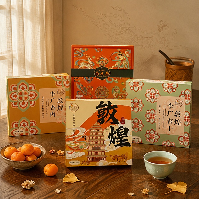 超写实食品场景摄影。
主体：四款敦煌伴手礼包装盒严格参照上传的四张产品图，完整保留所有组件、轮廓、结构、比例、材质、颜色与产品本体上的文字信息（logo/品名/图案/净含量等），与上传图完全一致；四款产品错落摆放在同一画面中，彼此留有合理物理空间，无穿模、无重叠、无不合理遮挡，自然融入场景光影，与场景共处同一物理空间。产品整体占画面约60%，完整不裁切。
构图：45度俯拍，中景构图，四款产品呈前后错落排布，杏皮茶礼盒位于视觉中心C位，其余三款围绕两侧与后方，平衡对称。
风格：新中式国潮雅致。
场景：新中式茶室木桌一角，午后柔和窗光。
空间：①桌面，深胡桃木实木台面，木纹细腻；②背景，米白色宣纸质感墙面，隐约可见敦煌飞天线条暗纹；③左后方，半透米白亚麻窗帘垂落。
陈设：①四款伴手礼礼盒（主体）；②左前方，一只粗陶浅碗，盛放数颗橙红色李广杏鲜果；③右前方，一只青瓷小茶杯，盛有半杯杏皮茶，杯壁凝有细密水珠；④礼盒间隙，散落几片银杏叶与干花；⑤后方，一只小型竹编茶则。
配色/材质：敦煌橙/石绿/赭石红/米白/胡桃棕；纸质礼盒/实木/粗陶/青瓷/亚麻/鲜果。
光影：主光从左上方窗格斜入45°，暖调午后自然光，照亮礼盒正面与顶面；辅光为右侧环境漫反射，阴影柔和，礼盒底部有自然投影与桌面反光，整体氛围温暖雅致有质感。
参数：4K 写实光追。严格锁定宽高比为 1:1。