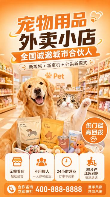 暖橙色活泼商业风宠物招商海报，风格为写实商业摄影，画面比例9:16，版式精美。主标题："宠物用品外卖小店"，副标题："全国诚邀城市合伙人"，装饰文案："新零售+新商机+外卖新模式"，卖点标签："无需看预览效果