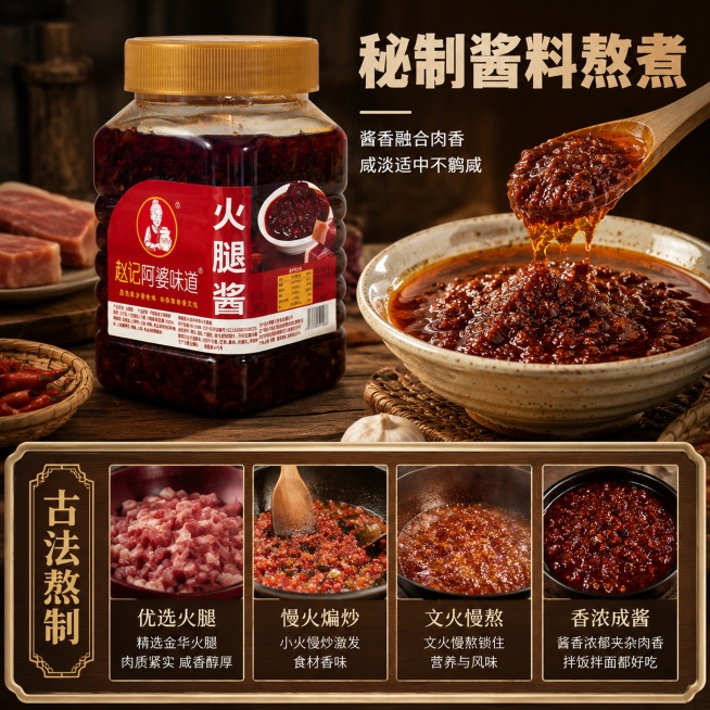 [主图-3] 火腿酱工艺与风味展示图，农村自然背景。
[氛围风格] 传统熬制工艺质感，香气视觉化表达。
[画质] 真实摄影，浓郁食欲感，细节清晰。
[元素] 整瓶火腿酱放置左侧，右侧展示碗中酱料搅拌的预览效果