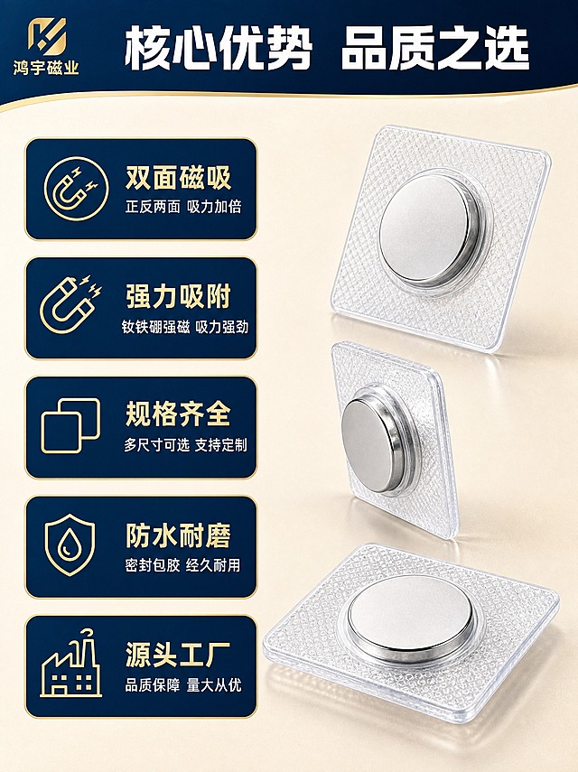 [商品] 使用【图2】【图6】PVC双面磁产品；保留透明PVC方形包胶底座、中间圆形银色磁铁的双面磁结构和外观；精修增强金属光泽和PVC通透度，突出双面磁铁结构。
[画面] 页面目标：核心卖点总览，5大核心优势清晰呈现，突出双面磁和定制化特点。左右分栏构图，左侧为卖点文字区，右侧为产品展示区。右侧展示3枚PVC双面磁产品，其中一枚侧立展示双面磁铁厚度结构，另外两枚正面展示，错落摆放，展示不同大小规格暗示可定制。左侧5个深蓝色圆角信息卡竖向排列，每个卡片配一个浅金色图标和卖点文字。背景为浅米色渐变，顶部有深蓝色标题条。左上角文字"鸿宇磁业"。
[视觉] 套系策略：风格=蓝金工业品质风，源头工厂专业感；标题字=现代粗黑体，厚重有力；正文字=简洁无衬线体；主色=深蓝色+米金色；背景延展=浅米色渐变底，带细微颗粒质感；强调色=浅金色，用于图标和重点标注；标题色=深蓝色；正文色=深灰色；组件=深蓝色圆角信息卡、浅金色线性图标；光影=均匀柔光，产品清晰立体，双面结构展示清楚。
[文字] 顶部深蓝色条白字写"核心优势 品质之选"。左侧5个卖点卡：1.双面磁吸 正反两面 吸力加倍；2.强力吸附 钕铁硼强磁 吸力强劲；3.规格齐全 多尺寸可选 支持定制；4.防水耐磨 密封包胶 经久耐用；5.源头工厂 品质保障 量大从优。每个卖点卡配一个对应浅金色线性图标。文字全部横排，字号保证手机端可读。
[规格] 图片比例3:4竖版，2K分辨率，避免变形、错字、文字过小、产品结构失真、悬浮感、水印、平台Logo。