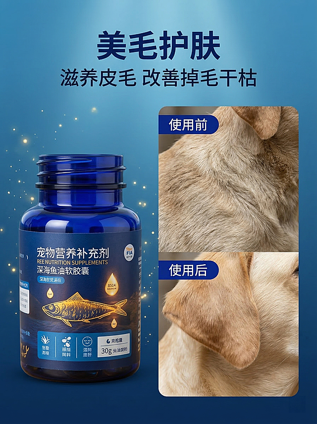 [垫图]: https://gdesign-dam-hz.dancf.com/35896145297004697/0c716bf7facb4db5b99db82058cab5c6.jpg
[主图主题]: 宠物鱼油美毛护肤功效图
[氛围/风格]: 深海海洋高级感，抖音风格，治愈氛围感
[画面元素]: 左侧产品瓶身，右侧拼图对比使用前后狗狗毛发：使用前毛发干枯无光泽掉毛多，使用后毛发浓密顺滑有光泽，背景为干净渐变深蓝色深海背景，光影柔和，两幅拼图自然分区，光影统一，全屏铺满无边框。
[配色色系]: 主色调：深海蓝；辅助色：金色、白色
[视角构图]: 左右分栏拼图构图，整体平衡
[文字版式]: 顶部主标题 “美毛护肤”，副标题 “滋养皮毛 改善掉毛干枯”，左侧蓝色胶囊标签分别标注 “使用前”“使用后”，字体采用参考图深蓝色粗体，字色对比清晰，布局干净不遮挡对比内容。
[比例分辨率]: 3:4 比例，2k 分辨率