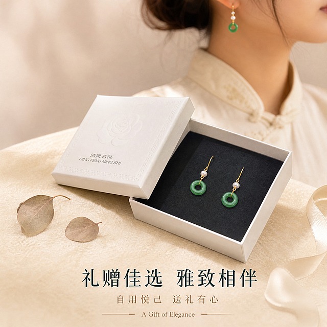 [主图-5] 礼赠场景 礼盒包装与佩戴场景展示。
[统一基调] 国风雅致珠宝质感，背景为浅香槟米白柔焦绒面，整体暖调柔光；标题字色为墨玉绿，辅助字色为浅金棕，强调色为淡金色；字体为细衬线国风宋体，标题大而精致，辅助文字缩小60%以上；画面元素克制，无多余装饰，突出珠宝高级感。
[画面] 画面采用斜俯视构图，中央放置一个打开的精致白色首饰礼盒，盒内深灰绒面内衬上摆放着一对天然珍珠平安扣耳环，礼盒旁散落一两片干枯的尤加利叶与一小段米白色丝带，营造温馨礼赠氛围。礼盒后方的背景中，隐约可见一位身着米白色国风上衣的女性上半身局部，佩戴着同款耳环，展示日常穿搭效果，人物虚化处理，突出前景礼盒中的产品。产品外观、结构、颜色与输入图完全一致。
[光影质感] 温暖自然光质感，礼盒与耳环为视觉焦点清晰锐利，背景人物与环境柔和虚化，形成景深效果，整体光影温暖柔和，有节日礼赠的氛围感。
[配色] 浅香槟米白主背景，礼盒白色，内衬深灰，产品金、白、绿三色点缀，文字墨玉绿，整体温暖雅致。
[文字版式] 画面底部居中主标题「礼赠佳选 雅致相伴」，副标题「自用悦己 送礼有心」，主标题大，副标题缩小60%，底部加极小号英文装饰「A Gift of Elegance」，文字均在底部负空间，不遮挡产品主体。
[输出要求] 1:1正方形，2K高清，礼盒质感高级，产品清晰，氛围温馨，文字清晰；负向：人物面部变形、耳环结构错乱、错字、模糊、杂乱背景、水印、平台Logo、廉价包装感、塑料质感。