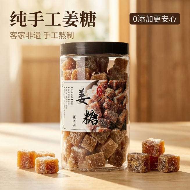 [主图主题] 手工姜糖产品首图，展示纯手工姜糖
[氛围/风格] 简约暖调，暖养怀旧健康风格，自然阳光氛围，食欲感满满
[画面元素] 透明罐装姜糖居中摆放，罐子周围散落几块切开的姜糖块，展示出细腻糖霜纹预览效果