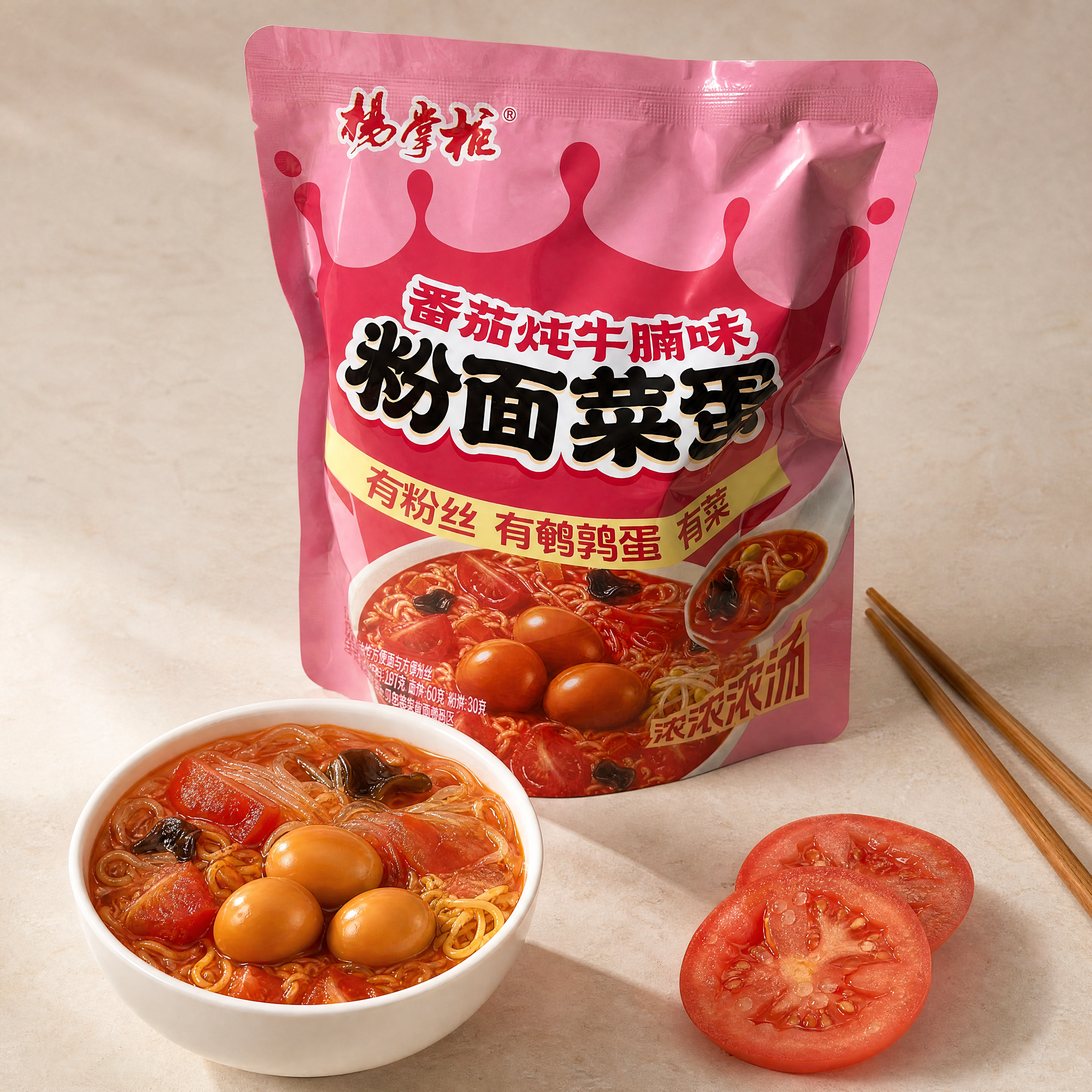 超写实食品商业摄影。 主体：杨掌柜番茄炖牛腩味粉面菜蛋袋装方便… - 图片创意预览