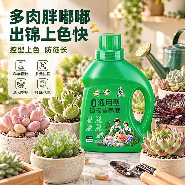 [主图-6] 欣福君通用型植物营养液 多肉植物场景图。
[统一基调] 清新自然园艺风，背景主色为渐变翠绿到浅薄荷绿，标题字色为深墨绿，辅助字色为橄榄绿，强调色为暖橙黄；字体为无衬线粗体，字号层级分明，图标为圆角线性风格，卡片为半透明白底圆角矩形。
[画面] 桌面近景场景，白色大理石纹理台面上摆放着多盆精致多肉植物：桃蛋（粉嫩圆润）、熊童子（毛绒可爱）、玉露（晶莹剔透）、法师（深色莲座）等，多肉状态饱满、颜色出锦、株型紧凑。产品瓶身放在多肉群中央偏后位置，略俯视角度，标签清晰可见。旁边有一个小型浇水壶和木质园艺小工具作为点缀。背景是虚化的浅米色墙面和暖光。
[光影质感] 静物摄影质感，柔和侧光，多肉叶片有饱满的肉质感和光泽，瓶身有细腻反光。
[配色] 多肉多彩（粉/绿/紫/红）+白色台面+浅米背景，清新治愈。
[文字版式] 左上角标题“多肉胖嘟嘟 出锦上色快”，下方小字“控型上色 防徒长”。文字简洁不抢主体。
[输出要求] 1:1正方形，2K分辨率，多肉质感真实饱满，产品清晰，画面干净。负向：多肉徒长、颜色发灰、产品变形、背景杂乱。