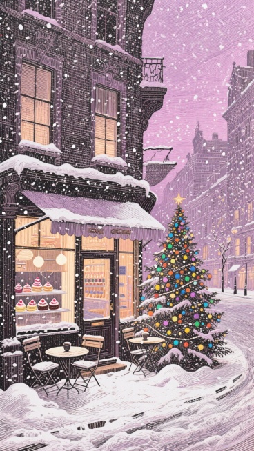 都市圣诞街景，甜品店橱窗亮暖光，积雪咖啡座，圣诞树缀彩灯，粉紫天空飘雪预览效果