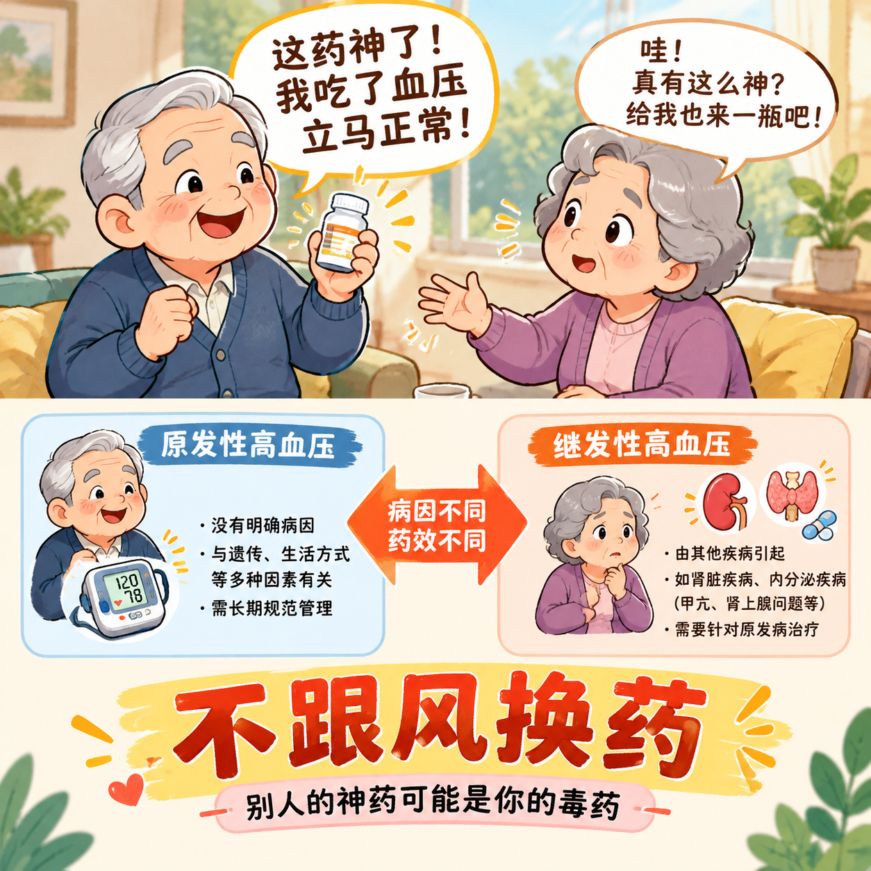 科普漫画风格，温馨可爱的手绘插画。画面中间两位老人在聊天，左边… - 图片创意预览
