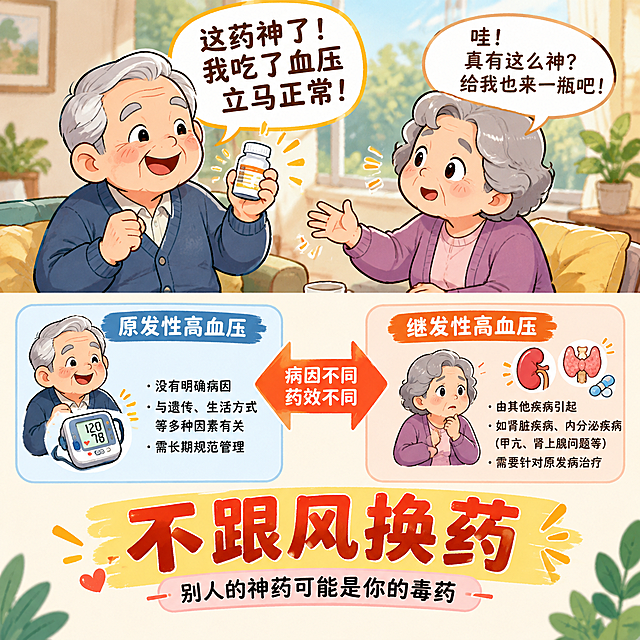科普漫画风格，温馨可爱的手绘插画。画面中间两位老人在聊天，左边老人举着药瓶兴奋地说'这药神了！我吃了血压立马正常！'，右边老人一脸羡慕伸手想要；画面下方用对比箭头展示：左边老人是原发性高血压，右边老人是继发性高血压，病因不同药效不同。配文大字'不跟风换药'，下方小字'别人的神药可能是你的毒药'。色彩温暖明亮，卡通人物风格。