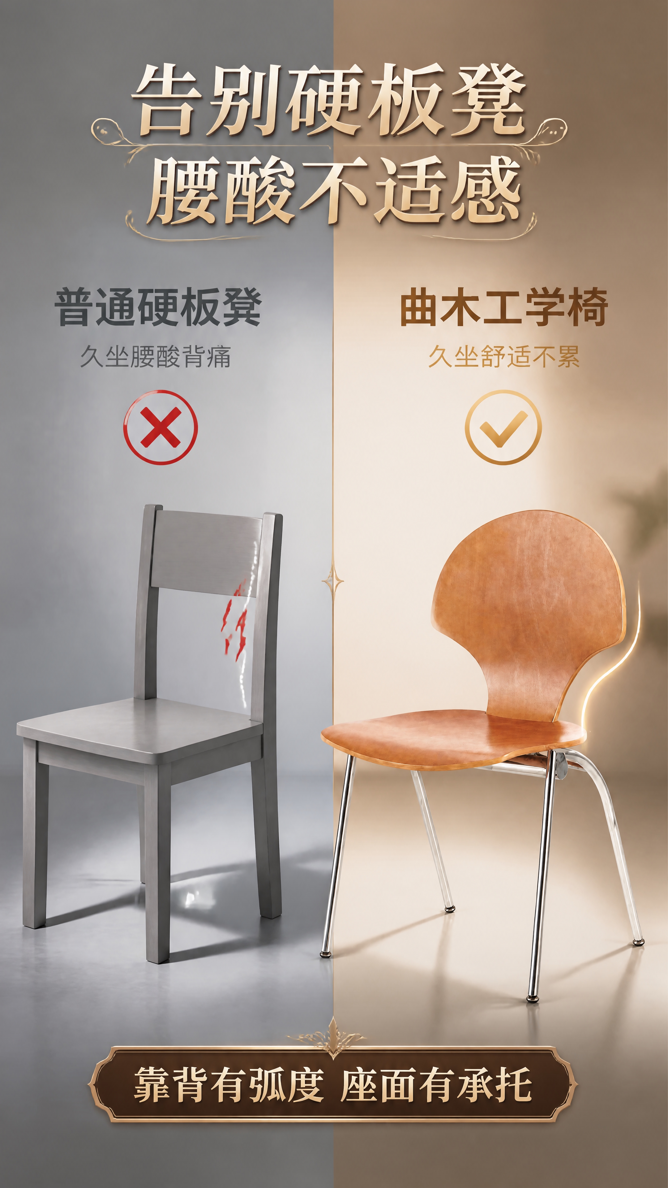 [第6张] 对比痛点页—普通硬板凳 vs 本款曲木椅。本张使用… - 图片创意预览