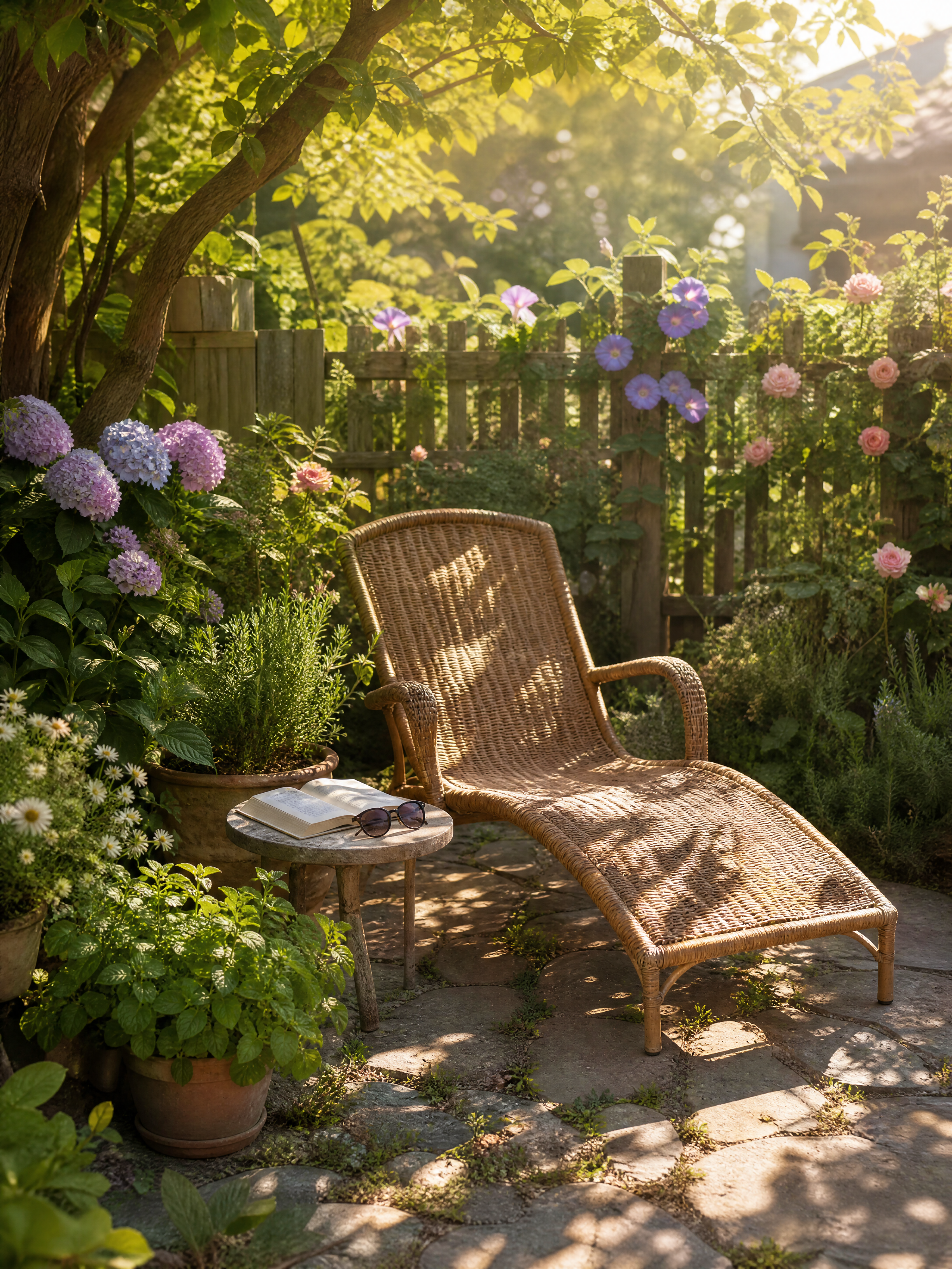 温暖治愈的花草庭院场景，午后金色阳光斜照，画面中央有一张空的藤… - 图片创意预览