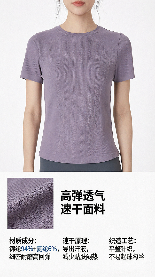 [第3屏] 面料工艺科普页-锦纶氨纶混纺结构解析。本屏使用【图1】展示产品整体。
[氛围/风格] 专业科普风，简约干净，细节清晰，商业质感。
[元素布局] 上方放置产品半身体展示，占比约45%；中下方分三板块讲解材质成分、速干原理、织造工艺；面料纹理微距放大图放在左侧，文字说明在右侧；产品颜色与结构和输入图保持一致。
[光影质感] 均匀柔和布光，面料纹理清晰可见，文字区域明亮干净，信息呈现清晰。
[配色色系] 全局底色 #F5F5F5；主色低饱和雾紫、浅灰；辅助色深灰文字，浅蓝高亮重点信息。
[视角构图] 上产品下信息，垂直构图，阅读动线从上到下，信息层级清晰。
[文字版式] 顶部主标题「高弹透气 速干面料」，分三栏：材质成分「锦纶94%+氨纶6%，细密耐磨高回弹」；速干原理「导出汗液，减少贴肤闷热」；织造工艺「平整针织，不易起球勾丝」；标题加粗，正文清晰，字号适合移动端阅读。
[比例分辨率] 9:16竖版比例，4K分辨率，文字清晰可辨，高清画质。
[负向提示词] 面料纹理模糊，文字错乱，排版拥挤，颜色偏差，产品变形，水印