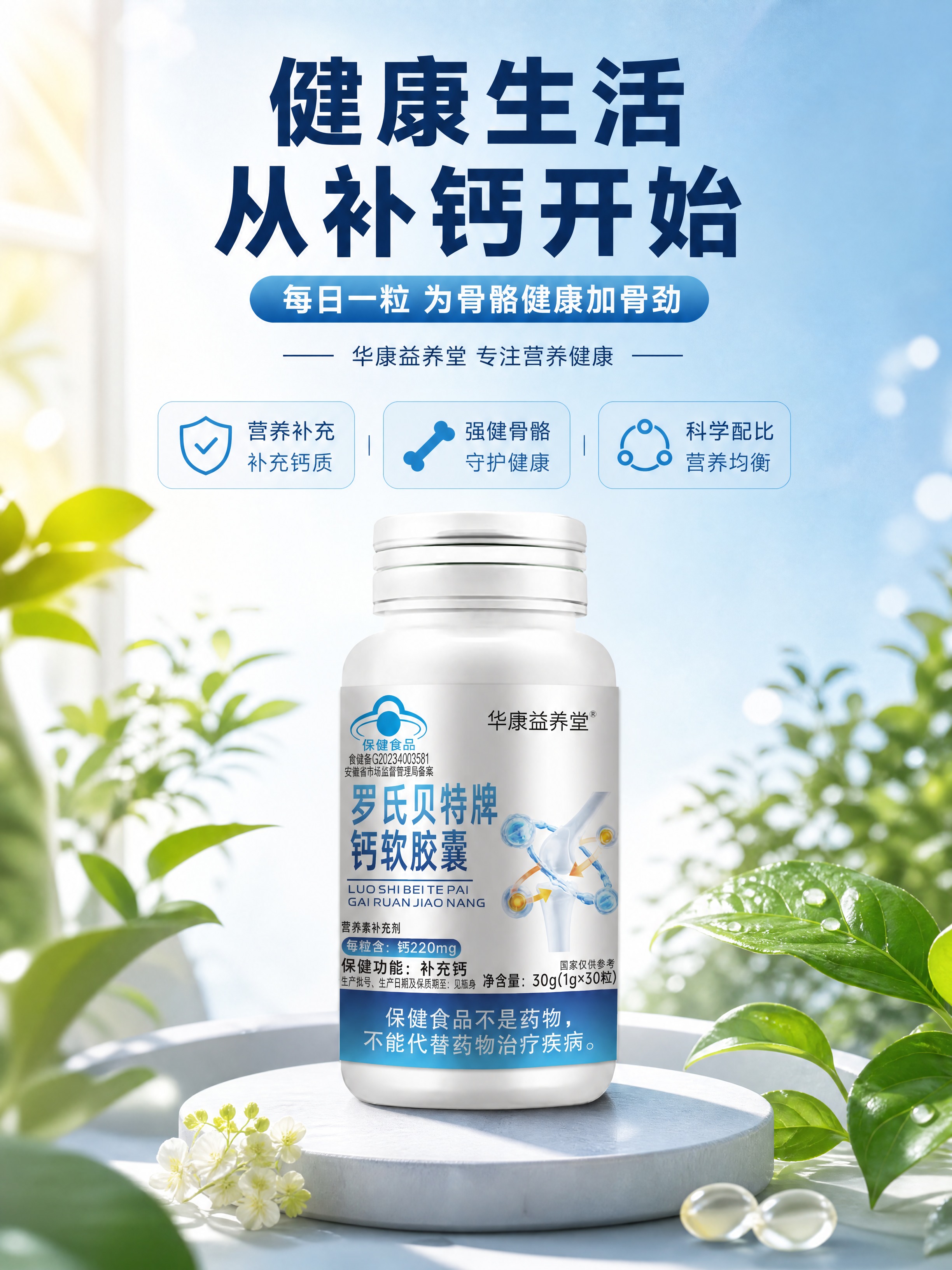 [商品] 使用【图1】华康益养堂罗氏贝特牌钙软胶囊产品瓶身；保… - 图片创意预览