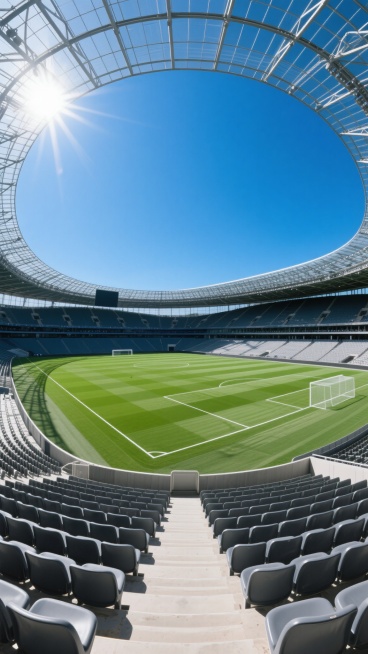 晴朗无云的深蓝色天空下，阳光从画面左上角洒落，在绿茵茵的足球场上投下清晰的阴影，圆形视角展现宏伟的现代足球场馆，巨大的金属网格屋顶结构向四周延伸，观众席座椅呈深灰色整齐排列，中央是修剪整齐、线条分明的绿色足球场草坪，场地边界线为白色，整体呈现出明亮、开阔、专业的体育场馆氛围。预览效果