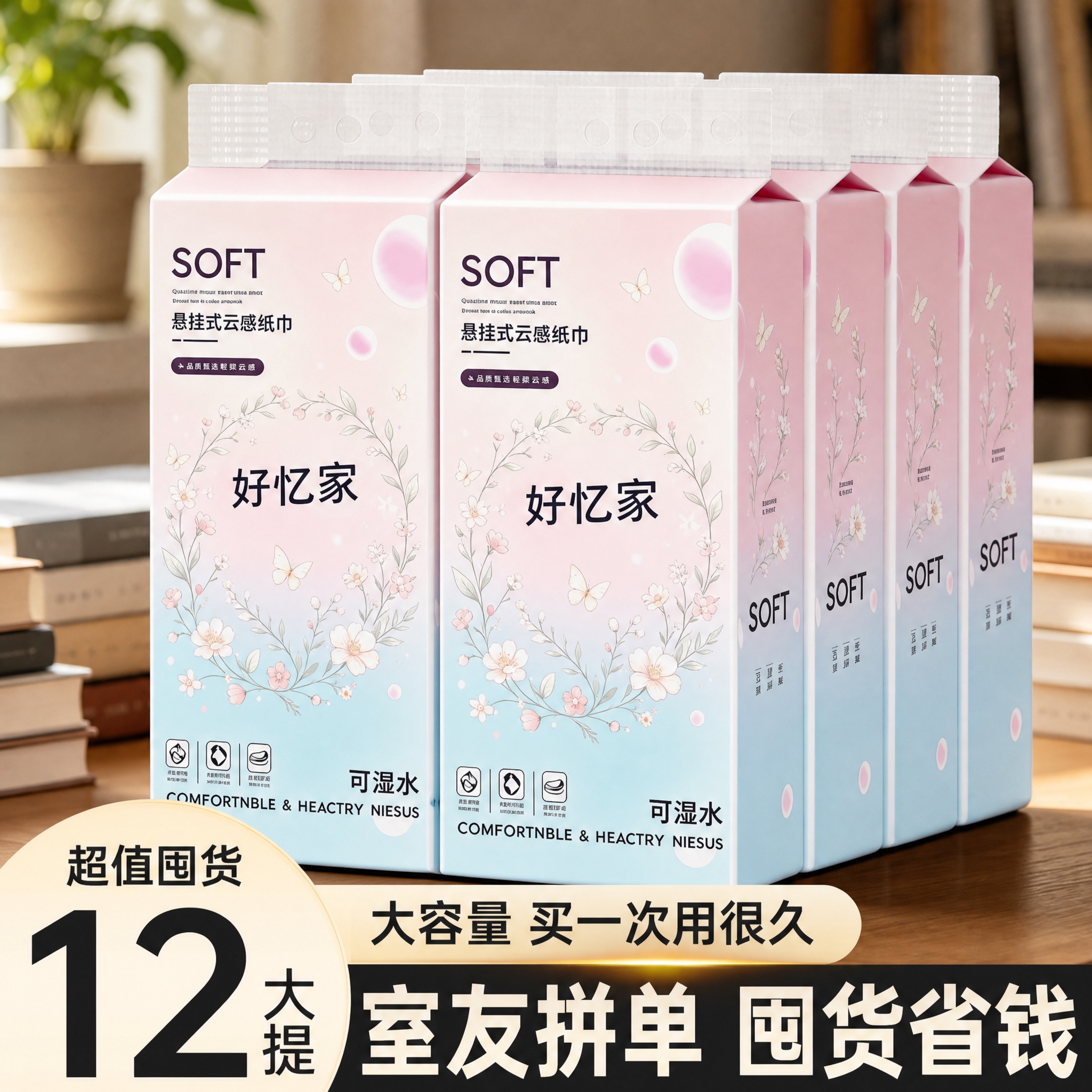 将第一张白底图中悬挂式云感纸巾包装的全部图案主题（粉蓝渐变底色… - 图片创意预览