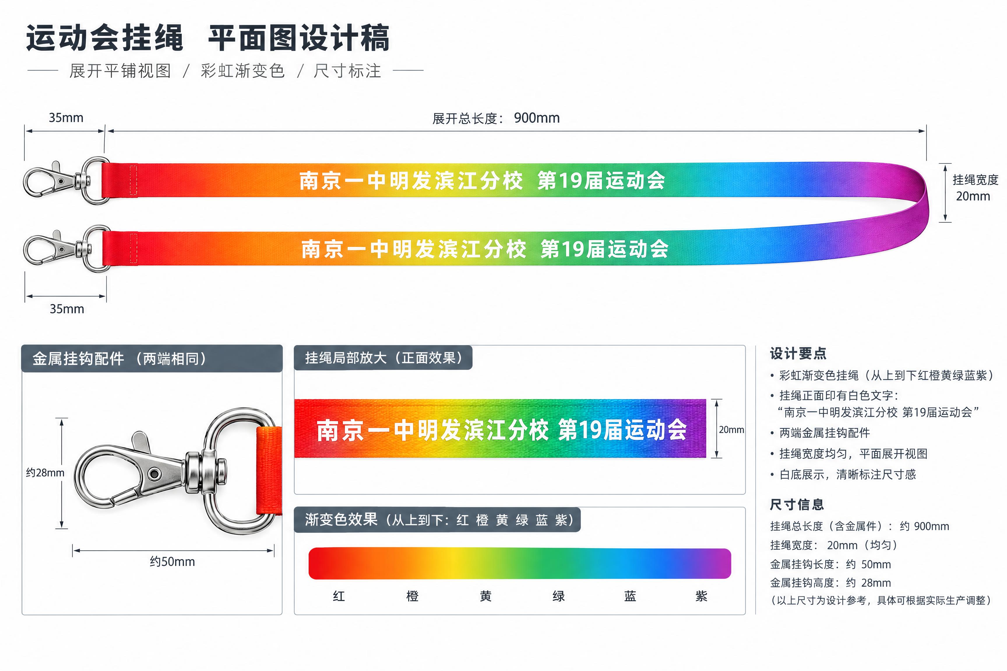 运动会挂绳平面图设计稿，展开平铺视图，彩虹渐变色挂绳，从上到下… - 图片创意预览