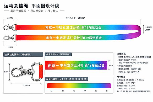 运动会挂绳平面图设计稿，展开平铺视图，彩虹渐变色挂绳，从上到下红橙黄绿蓝紫渐变，挂绳正面印有白色文字"南京一中明发滨江分校 第19届运动会"，两端有金属挂钩配件，挂绳宽度均匀，平面展开图，白底展示，清晰标注尺寸感，设计稿风格