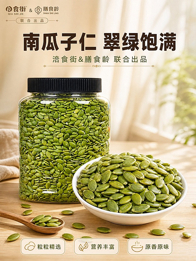 [商品] 使用【图1】罐装南瓜子仁和【图2】碗装南瓜子仁；保留透明罐身、黑色螺纹盖、翠绿色瓜子仁颗粒、白碗造型；两款产品颜色、材质、颗粒形态保持一致；自然增强瓜子仁油亮光泽和饱满度，不改变产品结构和外观。
[画面] 目标：食欲氛围头图，双产品联合展示，建立品牌第一印象。构图：上文下图，顶部品牌区，中部产品主体占画面65%。罐装产品居中偏左，碗装产品居右略前，形成前后层次；前景散落十几颗瓜子仁和一把小木勺；背景是浅木色餐桌+暖米色窗帘虚化，自然光从右侧洒入；左上角品牌联合标识。
[视觉] 套系策略：风格=自然暖阳食欲感商业美食摄影；标题字=粗黑体厚重有力；正文字=细黑体清爽；主色=暖米杏色；背景延展=基于暖米杏做深浅渐变、浅木纹理、柔和光斑；强调色=金棕色，仅用于小面积图标、引线、标签和装饰线；标题色=深棕褐色；正文色=橄榄绿；组件=圆角半透明米白卡片、细金棕色描边、简约线条图标；光影=右前侧暖柔光 自然逆光轮廓。
[文字] 顶部居中主标题「南瓜子仁 翠绿饱满」10字内粗黑体深棕褐色；主标题下方副标题「洽食街&膳食龄 联合出品」细黑体橄榄绿；左上角小品牌标「联合出品」；底部三个圆角小横卡分别写「粒粒精选」「营养丰富」「原香原味」。所有文字横排，不遮挡产品主体。
[规格] 图片比例3:4竖版，4K，避免变形、错字、文字过小、冷蓝/蓝灰背景、产品颜色改变、颗粒失真、医疗功效宣称、绝对化用语。