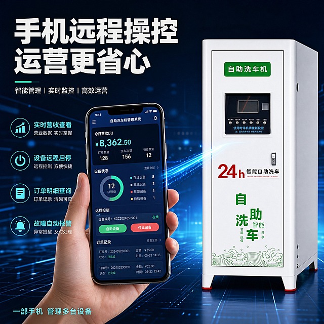 [主图-5] 自助洗车机 远程操控与智能运营 展示手机APP远程管理功能 突出智能化和便捷运营。
[统一基调] 工业科技风 深蓝科技感背景 主色深绿+白色+科技蓝 标题粗黑体 辅助文字细黑体 整体满版高信息密度构图 专业靠谱的五金器械视觉。
[画面] 画面右侧为自助洗车机主体正面 占画面约40%。左侧为一只手拿着智能手机 手机屏幕上显示自助洗车机管理APP界面 包含实时营收数据 设备状态 远程开关控制 订单记录等界面元素。有蓝色光线从手机连接到洗车机 象征远程连接。背景是深蓝色科技感渐变 带数据流动线条。
[光影质感] 科技摄影质感 手机屏幕发光 产品光影清晰 蓝色连接线有发光效果 整体科技感强。
[配色] 背景深蓝渐变 科技蓝光点和线条 标题白色 数据数字青色 产品保持原色。
[文字版式] 顶部主标题"手机远程操控 运营更省心" 白色粗黑大字。左侧APP界面旁标注4个功能："实时营收查看""设备远程启停""订单明细查询""故障自动报警"。底部小字"一部手机 管理多台设备"。
[输出要求] 1:1正方形 2048x2048 产品清晰 手机界面真实 科技感强 无水印。负向：变形 错字 模糊 手机界面虚构过度 产品结构错误。