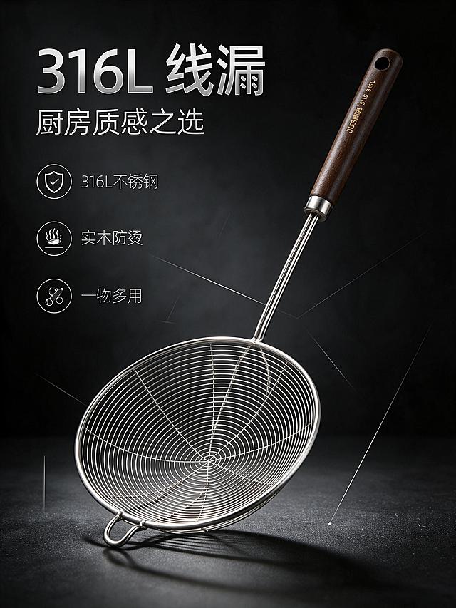 [商品] 使用【图1】316L不锈钢线漏勺；商品处理：保留螺旋网状不锈钢丝勺头结构、勺头顶部挂环、长金属杆、深棕色实木手柄、手柄金色"JUES爵斯特 SUS 316L"刻字、柄尾挂孔，保留整体比例和银色金属光泽；增强不锈钢网线的金属高光与质感，木柄纹理清晰，不改变产品结构和形状。
[画面] 页面目标：头图海报，高端时尚风格，突出产品质感与高级感。构图：左文右物，产品位于画面右侧占画面约60%，斜45度角悬浮摆放，勺头朝向左下方。景别：中景。阅读动线：左上标题→左下卖点→右侧产品。前中后景：前景产品主体带柔和投影，中景几何线条装饰，后景深灰到炭黑渐变背景带细微颗粒质感。场景：高端暗调影棚光效，产品下方有微弱反光台面，营造轻奢高级感。
[视觉] 套系策略：风格=黑灰高级时尚商业摄影；标题字=现代极简无衬线粗体；正文字=纤细无衬线体；主色=炭黑灰；背景延展=基于炭黑灰做深浅层级、同色渐变和哑光颗粒/金属拉丝质感延展；强调色=冷银白，仅用于小面积图标、引线、高光和标签；标题色=亮银白；正文色=浅冷灰；组件=细银边信息卡、极细银线引线、几何线条装饰；光影=右前侧硬柔光，金属高光锐利，阴影干净利落。
[文字] 左上区域主标题"316L 线漏"，副标题"厨房质感之选"，下方3个短卖点图标+文字："316L不锈钢""实木防烫""一物多用"，文字不遮挡漏勺主体和品牌刻字。
[规格] 图片比例3:4竖版，2K分辨率，避免变形、错字、文字过小、暖色/木色背景、产品颜色改变、结构失真、绝对化用语。