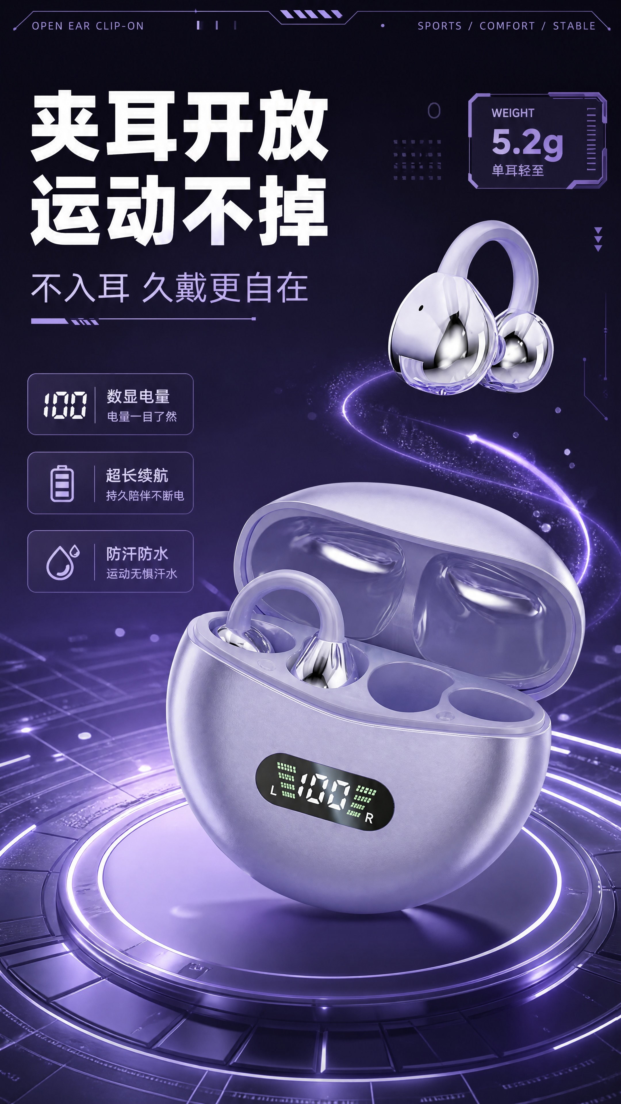 [商品] 使用【图1】日暮紫夹耳开放式蓝牙耳机：保留半透明磨砂… - 图片创意预览