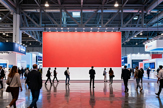 做一个国外展会场景图，有人流，不遮挡背景图展示，背景展示板高3米宽6米