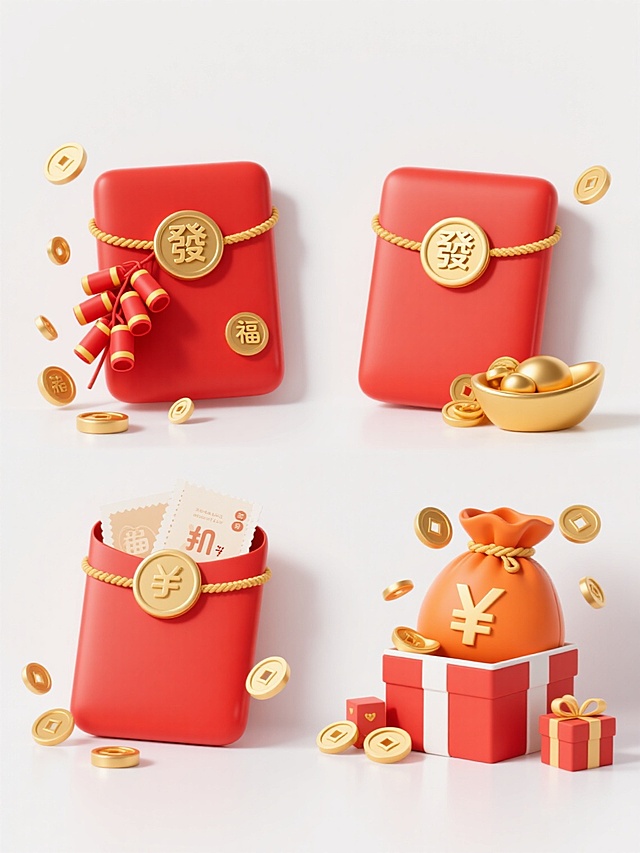 4个大小一致规整排布的红包，纯白色背景，3D渲染风格，高光泽红色红包表面，金色绳带缠绕装饰，每个红包正面有圆形金色徽章，第一个红包徽章为“發”字，旁边是带有“福”字的红色鞭炮，周围散落金色铜钱，营造新春招财进宝氛围；第二个红包徽章为“發”字，旁边是装满金元宝的橙色钱袋，点缀金色铜钱，传递富足感；第三个红包徽章为人民币符号，红包口露出白色和米色折扣券，周围有金色铜钱，结合新春与消费优惠元素；第四个红包徽章为人民币符号，放置在红白色相间礼盒中，旁边有小礼物盒和铜钱，营造节日送礼收获福利氛围，整体色彩明快喜庆，光影立体感强，细节精致，具有浓厚的春节喜庆氛围和设计感。