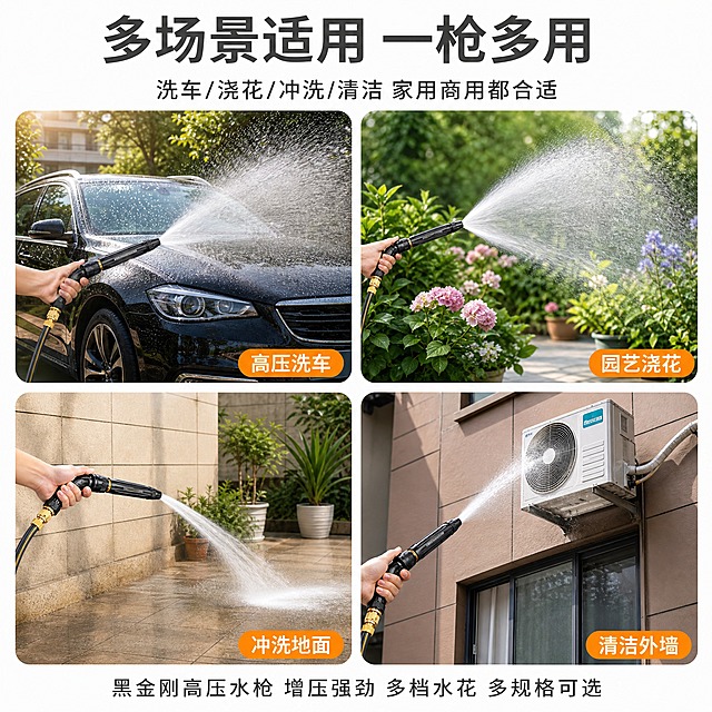 [主图-4 多场景宫格] 黑金刚高压水枪多场景应用四宫格图（1:1比例）。
[氛围风格] 多场景应用展示，户外/家用实用风，明亮通透，生活化场景。
[画质] 商业摄影质感、光线柔和通透、产品清晰真实、画面干净高级。
[元素] 采用2x2四宫格布局，展示四个不同使用场景：
左上格：洗车场景 - 户外庭院，手持黑金刚高压水枪冲洗黑色汽车，水花飞溅，阳光明媚，展示洗车的应用场景和强劲水压。
右上格：园艺浇花场景 - 花园/庭院中，手持黑金刚高压水枪浇灌花草绿植，水花呈扇形/雾状，绿意盎然，展示园艺浇花的应用。
左下格：冲洗地面/墙面场景 - 户外阳台/庭院，手持黑金刚高压水枪冲洗地面/墙面，水柱强劲，展示清洁冲洗的应用。
右下格：清洁外墙/空调场景 - 楼房外，手持黑金刚高压水枪冲洗外墙/空调外机，展示高层清洁的应用。
每个场景中水枪外观保持一致，黑色枪身+黄铜接头。**保持产品外观（黑色枪身、黄铜色金属接头、锥形喷嘴设计、整体形状比例）与输入产品图一致，杜绝任何变形和色差，精细化处理产品细节**；场景图允许光影随场景调整。
[光影] 整体明亮自然光感，各场景光线自然统一，整体色调一致偏明亮（黑色主色+绿色植物+蓝色水元素）。
[配色] 主色黑色（水枪）+黄铜金色（接头）+蓝色透明（水花）；辅色绿色（植物）+深灰色（文字）+橙色（标签）+白色（标签底）。
[视角构图] 2x2四宫格布局，各图统一圆角样式，图之间有白色间距。
[文字版式] 顶部居中主标题"多场景适用 一枪多用"深灰色粗体大号无衬线。副标题"洗车/浇花/冲洗/清洁 家用商用都合适"深灰色中号。每个场景图右下角有橙色圆角标签，白字：「高压洗车」「园艺浇花」「冲洗地面」「清洁外墙」。底部一行文字"黑金刚高压水枪 增压强劲 多档水花 多规格可选"深灰色居中。
[输出要求] 1:1比例，文字清晰锐利，画面超高清商业摄影质感。
[负向提示词] 变形，文字错乱，产品图模糊，背景杂乱，水印，电商平台Logo，多余的手指，畸形手，融合手指，手部扭曲，肢体穿模，人物面部扭曲，关节反折。