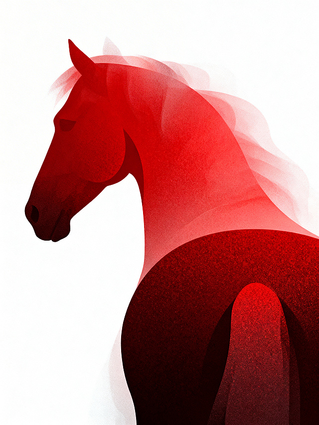 抽象感马首，红调光影交织，插画风单色设计，双重曝光与噪点纹理强化体积感，节日氛围隐现。