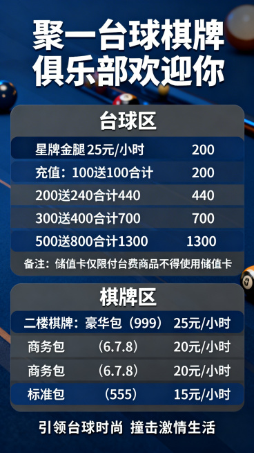 重新制作聚一台球棋牌俱乐部价目海报，完整保留所有信息：顶部标题"聚一台球棋牌俱乐部欢迎你"，星牌金腿25元/小时，充值：100送100合计200，200送240合计440，300送400合计700，5预览效果