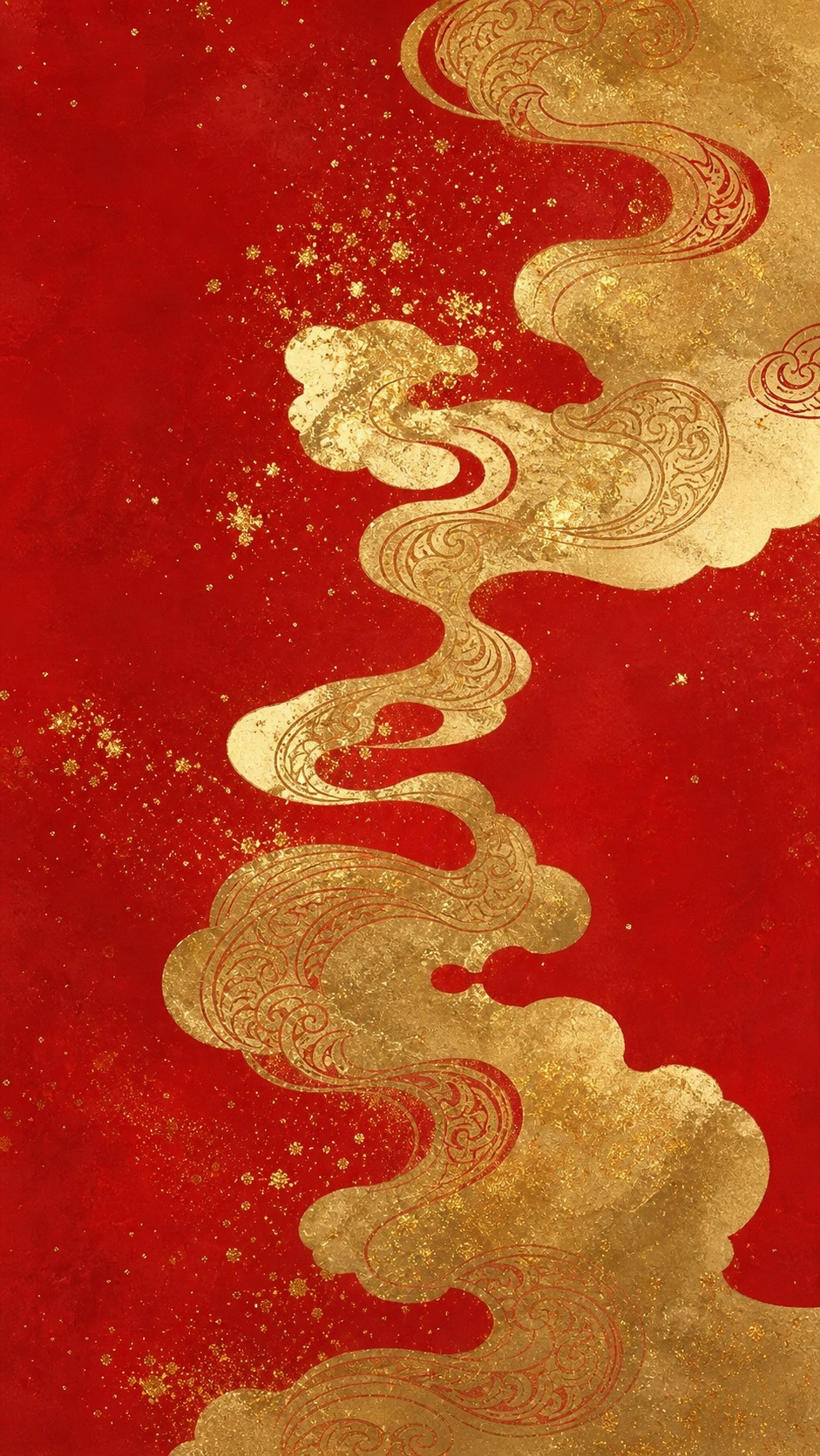 参考图片的中国风烫金描金风格，正红色背景，金色流动的祥云纹样，… - 图片创意预览