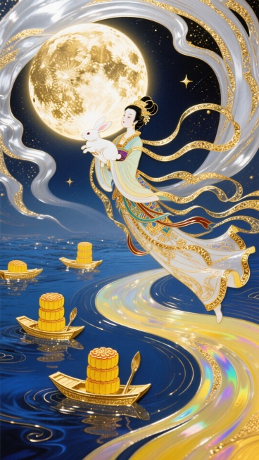 古典雅致风格，全景，嫦娥抱着白色玉兔飞向空中，衣裙随风飘动着，图上三分之一处中央有一个巨大发光满月（金银色为主），围绕满月向四周扩散成旋涡的星空（银白色金色交织） ，星空河流世界，河流中飘着几只金色小预览效果