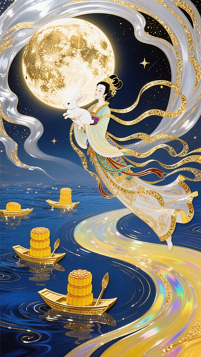 古典雅致风格，全景，嫦娥抱着白色玉兔飞向空中，衣裙随风飘动着，图上三分之一处中央有一个巨大发光满月（金银色为主），围绕满月向四周扩散成旋涡的星空（银白色金色交织） ，星空河流世界，河流中飘着几只金色小船（船中叠放这黄色月饼），梦幻感奇异，色彩以深邃蓝、暖黄为主，搭配金色点缀