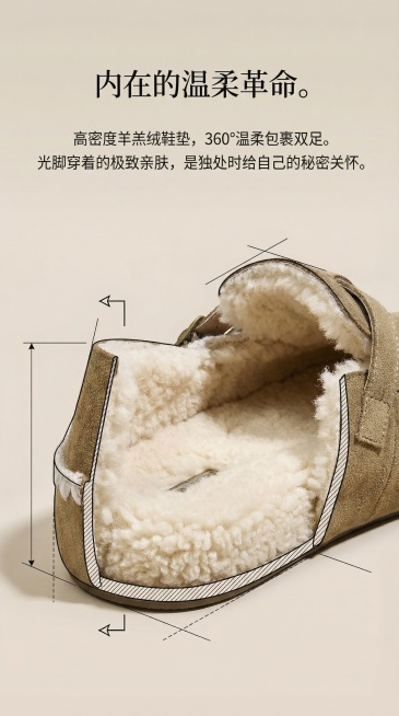 画面： 创意剖面图。将鞋子像“建筑剖面”一样展示，外部是简约的反绒皮，内部是厚实蓬松的羊羔绒，形成视觉冲击。

文案： 内在的温柔革命。高密度羊羔绒鞋垫，360°温柔包裹双足。光脚穿着的极致亲肤，是独预览效果