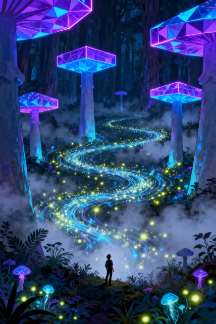 Vast and ethereal glowing mushroom forest, towering rectangular mushrooms with geometric caps in neo预览效果