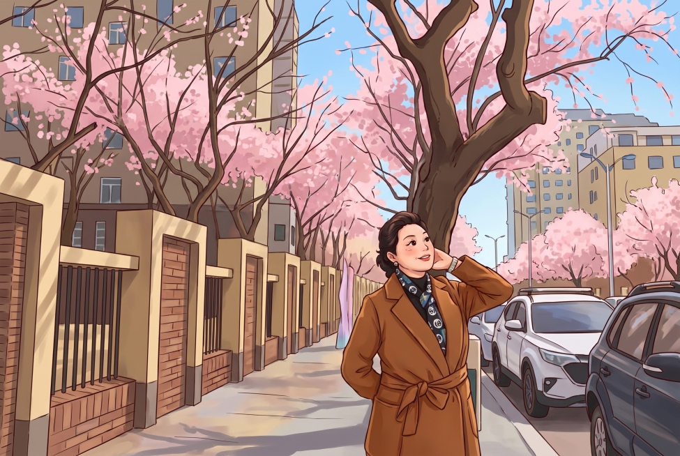 将图中的女士转换为卡通形象，保留人物姿态和整体场景氛围，樱花街道背景，卡通风格绘制预览效果