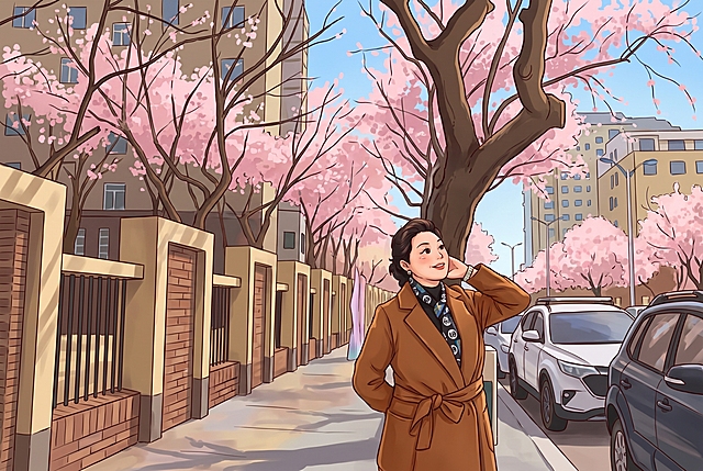 将图中的女士转换为卡通形象，保留人物姿态和整体场景氛围，樱花街道背景，卡通风格绘制