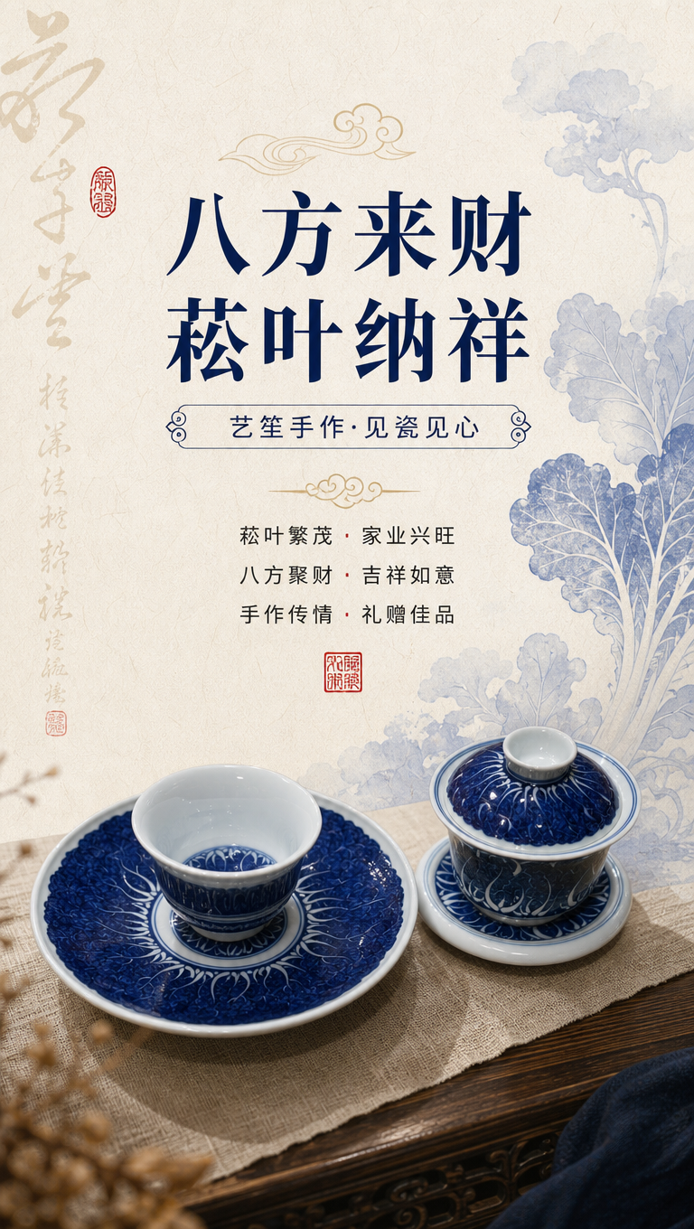 [商品] 使用【图1】青花盖碗套组；保留青花菘叶纹、器型、蓝白… - 图片创意预览