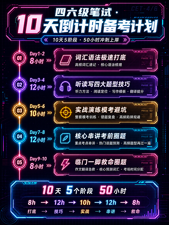 制作小红书图文，用时间轴呈现四六级笔试10天倒计时备考计划，包含五个阶段：Day1-2 8小时词汇语法极速打底，Day3-4 12小时听读写四大题型技巧，Day5-6 10小时实战演练模考避坑，Day7-8 12小时核心串讲考前圈题，Day9-10 8小时临门一脚救命圈题，最后标注10天5个阶段50小时，整体风格为赛博朋克风，霓虹发光科技感，竖版构图