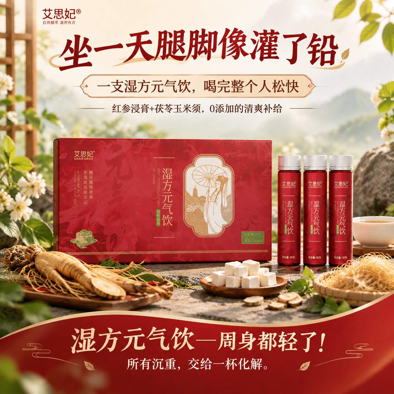 小红书风格湿方元气饮产品种草图，画面主体为艾思妃湿方元气饮红色… - 图片创意预览