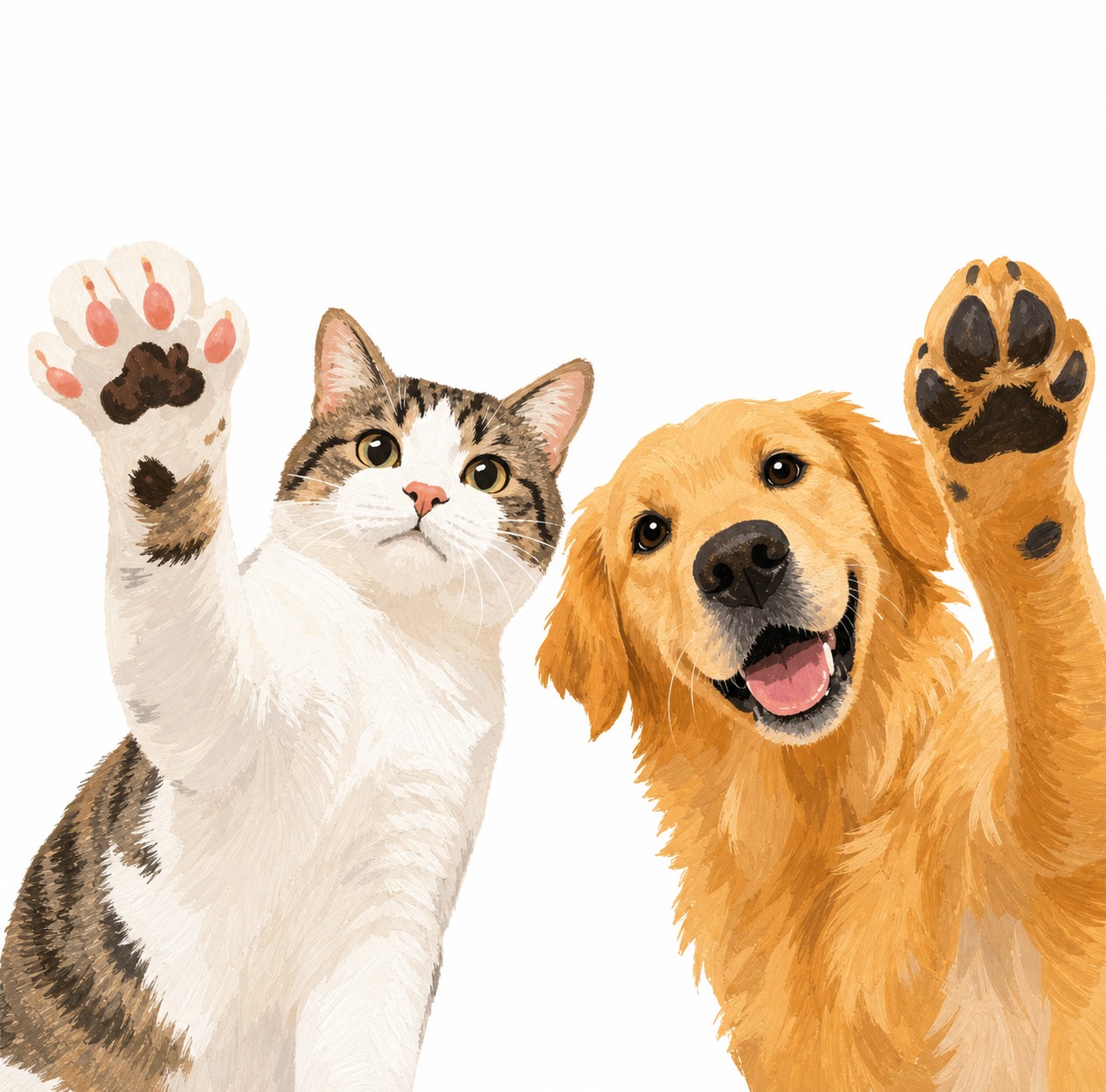 将图中的虎斑加白猫咪和金毛犬转换为参考图的扁平插画风格，手绘质… - 图片创意预览