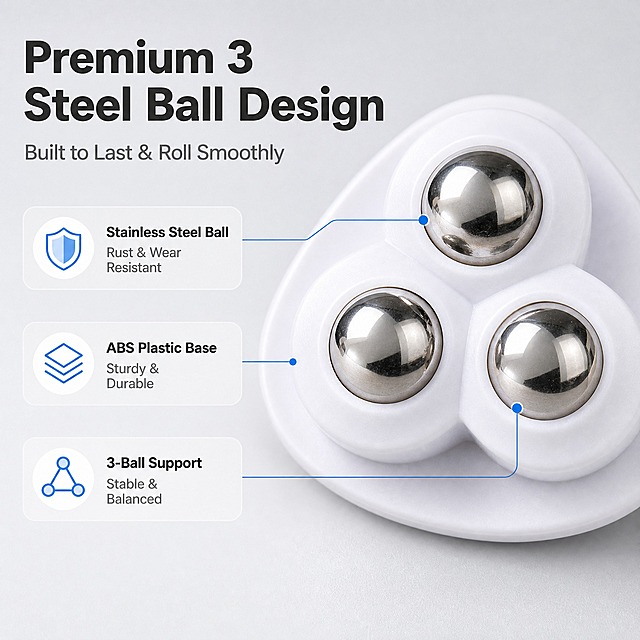 [商品] 使用三角款三钢珠粘贴式万向轮产品图；保留三角白色ABS底座、三颗亮面不锈钢滚珠、产品颜色和比例；微距增强金属钢珠的高光纹理、球面反光细节和塑料底座边缘细腻度，不改变结构外观。
[画面] 页面目标：结构材质证明，金属结构型+局部放大。画面中心偏右是三角款三珠轮的超近景微距特写（45度俯视角），三颗不锈钢滚珠呈品字形分布，球面反射干净棚拍高光条带，金属质感锐利。左侧是信息区：顶部主标题，下方3个材质卖点配引线标注，分别从三颗钢珠引出。背景为浅冷灰渐变，突出产品细节。
[视觉] 套系策略：风格=TikTok Shop跨境极简年轻风，真实商业摄影质感；标题字=现代无衬线粗体（粗黑大号）；正文字=简洁无衬线体（常规字重）；主色=浅冷灰；背景延展=基于浅冷灰做深浅层级渐变、同色系卡片和细腻哑光质感；强调色=亮蓝色，仅用于小面积图标、引线和标签；标题色=深炭灰；正文色=中冷灰；组件=圆角浅灰信息卡、细线引线、简约线性图标；光影=微距棚拍光，金属钢珠高光锐利干净，塑料底座明暗过渡自然。
[文字] 左侧信息区：主标题"Premium 3 Steel Ball Design"（大号粗体），副标题"Built to Last & Roll Smoothly"（中号）。下方3条引线标注：① "Stainless Steel Ball - Rust & Wear Resistant" ② "ABS Plastic Base - Sturdy & Durable" ③ "3-Ball Support - Stable & Balanced"。文字横排左对齐，英文。
[规格] 图片比例1:1方图，2K分辨率，避免变形、错字、文字过小、中文、悬浮感、Best/No.1等极限词。