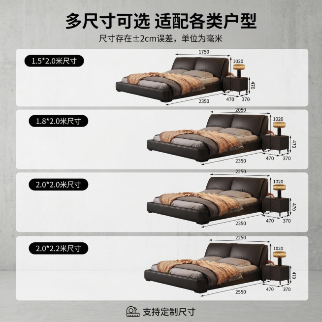 轻奢风软体床多尺寸可选主图，1:1比例，极简浅灰色高级背景。顶部居中悬浮黑色无衬线主标题「多尺寸可选 适配各类户型」，下方小字标注提示「尺寸存在±2cm误差，单位为毫米。下方采用上下四宫格竖排布局，从预览效果