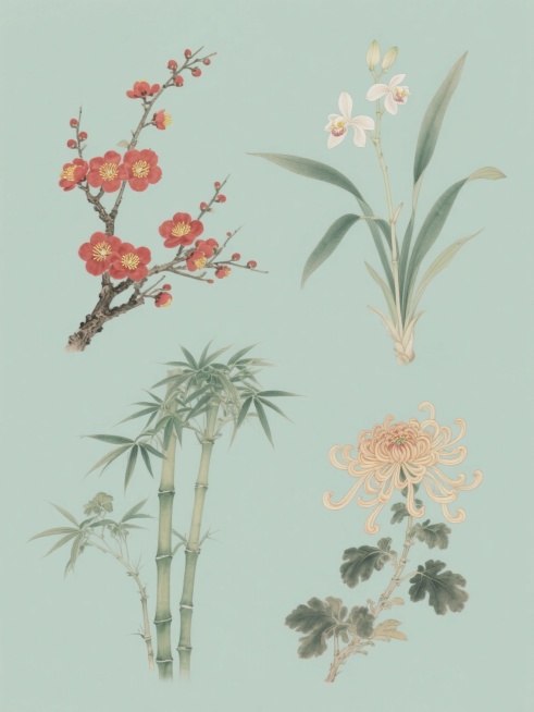 古香古色的工笔淡彩风格植物素材集合，纯色背景，画面整体变换为统一协调的新色调，保持原作风雅的笔触质感、柔和的光影过渡与清雅的色彩和谐度。集合包含四种完全不同种类的植物：傲然绽放的红梅（枝干苍劲，花瓣层层叠叠，花蕊金黄点缀）、幽香雅致的幽兰（叶片修长舒展，花茎挺拔，淡雅花朵姿态各异）、挺拔苍翠的翠竹（竹竿挺拔有节，竹叶疏密有致，生机盎然）、凌霜盛开的秋菊（花瓣卷曲富有层次感，花型饱满，尽显高洁）……预览效果