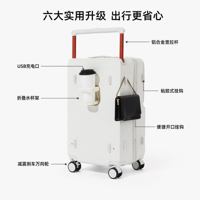 [主图-3] 多功能点标注卖点展示图。[氛围风格] 浅色棚拍简洁风格，卖点清晰直观。[画质] 商业摄影质感，产品清晰真实，画面干净高级。[元素] 白色整箱居中放置，箱体略微偏右，主体占65%。六个功能预览效果