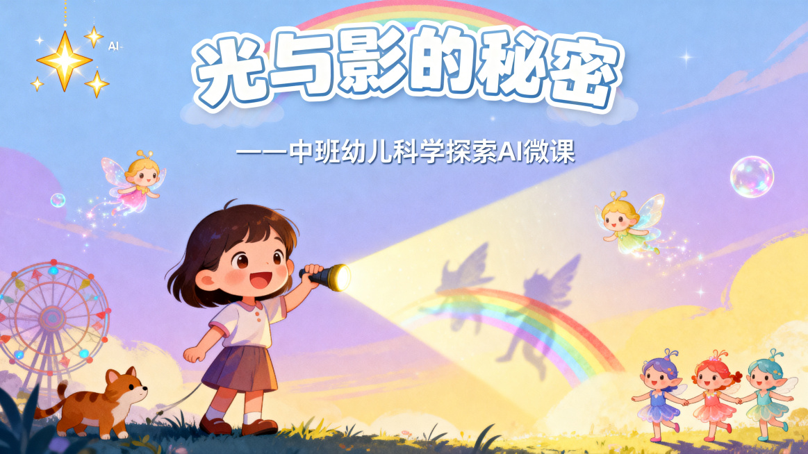 中班幼儿科学微课PPT首页封面，卡通可爱梦幻风格，横版。背景是浅蓝紫到暖黄的渐变天空，中央一个4-5岁可爱小女孩笑着举手电筒，光束投射出彩色影子和彩虹。周围漂浮光宝宝精灵、旋转万花筒、变大的影子小动物预览效果